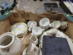 Two trays of ceramic and glass to include Royal Doulton Tumbling Leaves, Da Vinci crystal glasses