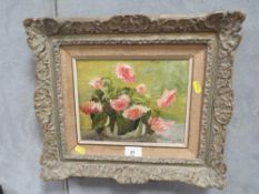 Gwladys Jones (Welsh Artist 20th century). A still life oil on board of a pot of pink flowers,