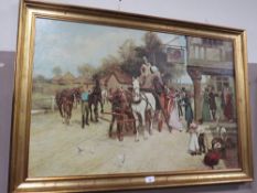 A large gilt framed coaching picture by Gilbert Wright, approx 103 x 73 cm