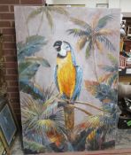 A large modern oil on canvas of a parrot amongst palm trees