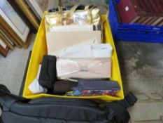 A tray of assorted vintage handbags etc