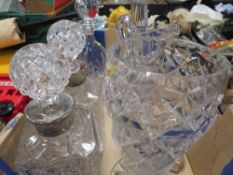 A tray of assorted cut glass to include decanters