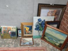 A collection of assorted pictures and prints to include a Van Gogh style example