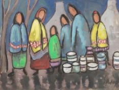 An impressionist oil depicting faceless people, signed lower right possibly ‘MaKey’?, 34 x 47 cm