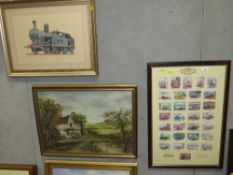 A framed set of Motoring History cigar cards, an oil of a country scene and a locomotive picture. (