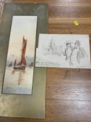 An unframed pen and ink drawing by Rossi Ashton 16 x 24 cm, together with a watercolour of a sailing