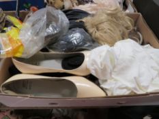 A tray of assorted ladies lingerie, stockings, wigs etc