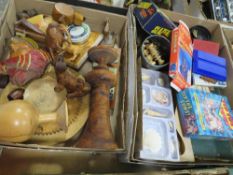 Two trays of collectables to include treen, vintage games, chess pieces etc