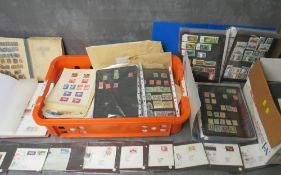 A TRAY CONTAINING FOUR STAMP ALBUMS / STOCK BOOKS OF MAINLY RUSSIAN STAMPS, together with a box of