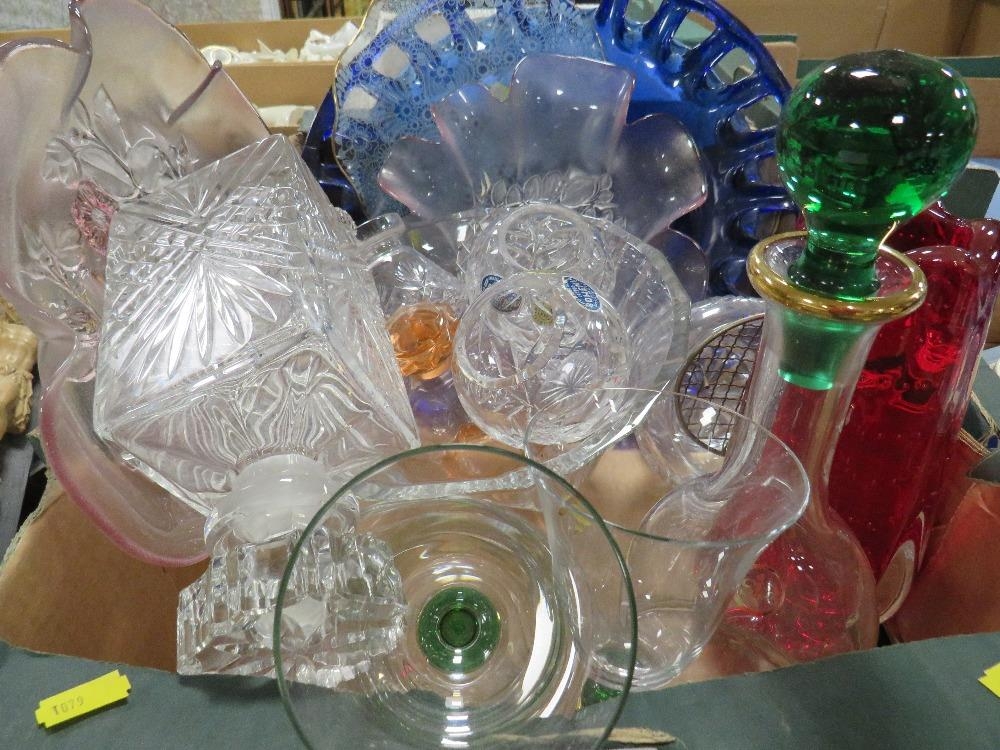 A tray of assorted glassware to include decanters