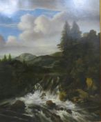 STYLE OF JACOB VAN RUISDAEL (1629/9-1682). Landscape with a waterfall and castle in a hill, oil on c