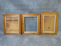 THREE 19TH CENTURY MAPLE FRAMES, all glazed, frame W 4 cm, 2 x 3.5 cm, rebates - two x 29 x 25 cm
