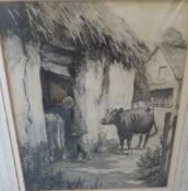 RICHARD CATON WOODVILLE (1856-1927). Farmstead scene with farmer and cattle entering a barn,