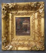 A 19TH CENTURY INDIAN SCHOOL REVERSE PAINTING ON GLASS, depicting a seated figure by a temple,