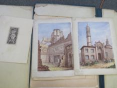 A FOLDER OF MAINLY LATE 19TH / EARLY 20TH CENTURY PRINTS, WATERCOLOURS AND A WOODCUT, various