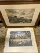 An oak framed highland print together with a cricketing print and two golf prints. (4)