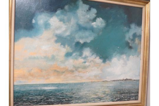 Four pictures to include a large oil on board of a seaside scene, two floral oils on board signed Ro - Image 2 of 8