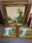 Three oil on canvas paintings together with two Eastern pictures. (5)