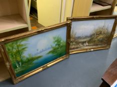 A large pair of oil on canvas paintings depicting Country landscapes 60 x 90 cm. (2)