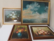 Four pictures to include a large oil on board of a seaside scene, two floral oils on board signed Ro