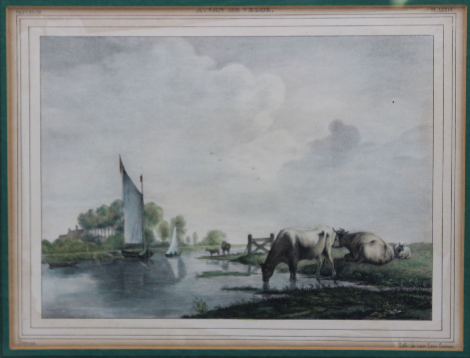 Litho wohl um 1900, Flusslandschaft, ger./Glas, RG 43 x 50cm.