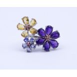 Blumenring mit Citrinen, Amethysten, Tansanite, Sterlingsilber 925/000, 6,3g., RG 60