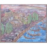 unleserl. signierte Gemälde "Boote am Ufer" wohl Südsee, Mischtechnik auf Pappe, 38x47 cm, verso be