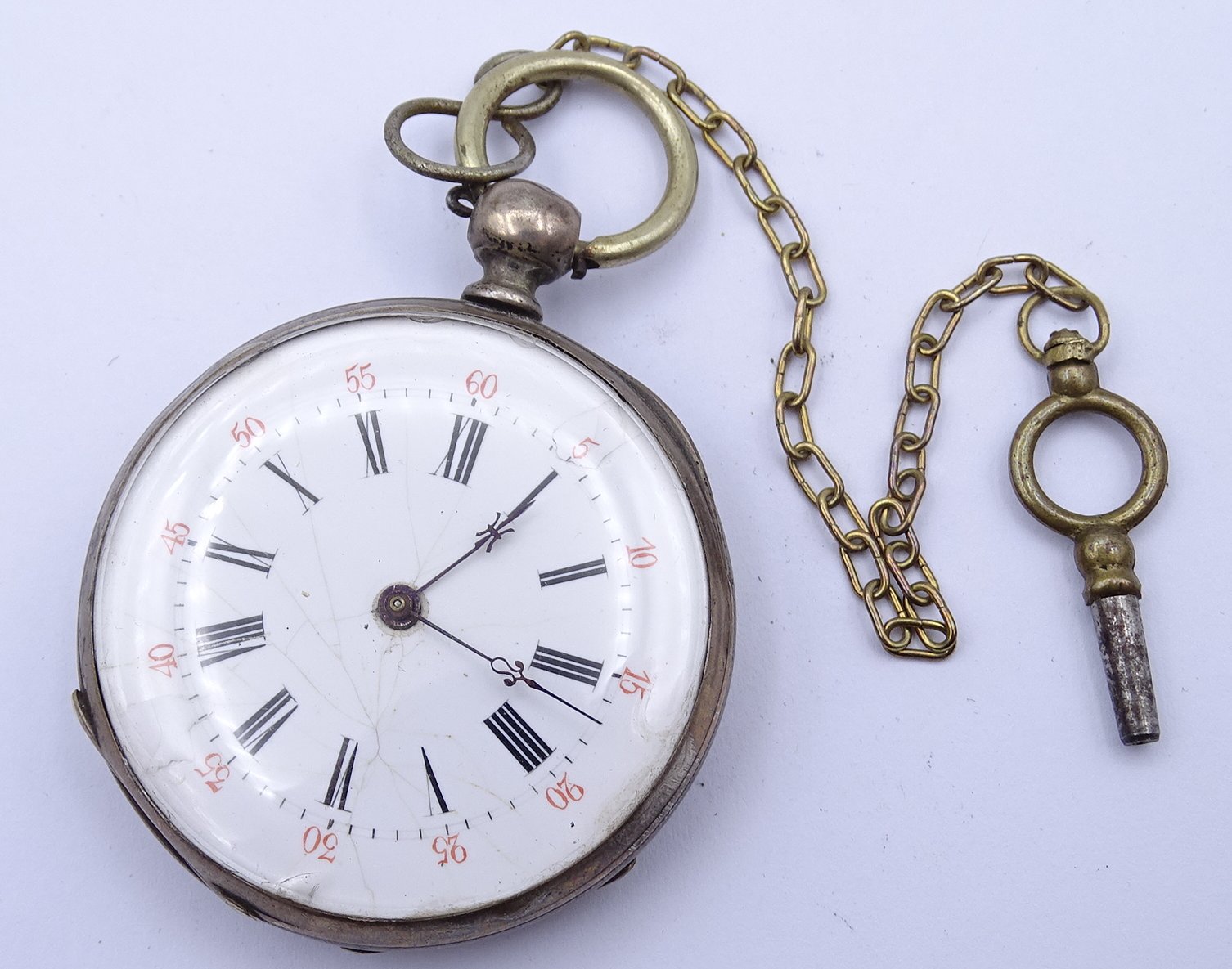 Herren Taschenuhr, Schlüsselwerk, Silbergehäuse, D. 45mm, Werk läuft ...