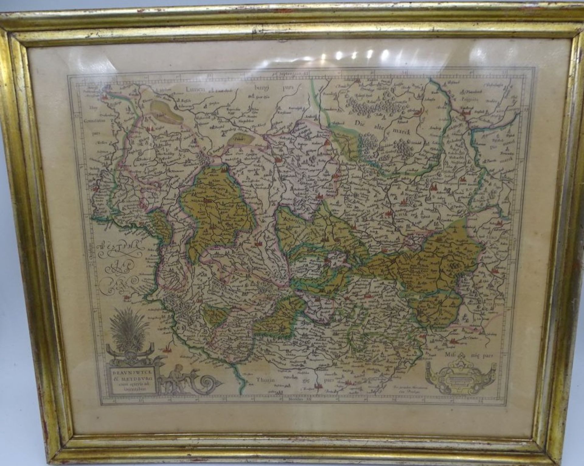 alte colorierte Landkarte "Brunswyck",um 1770, rückseitig ebenfalls verglast mit Beschreibung der K