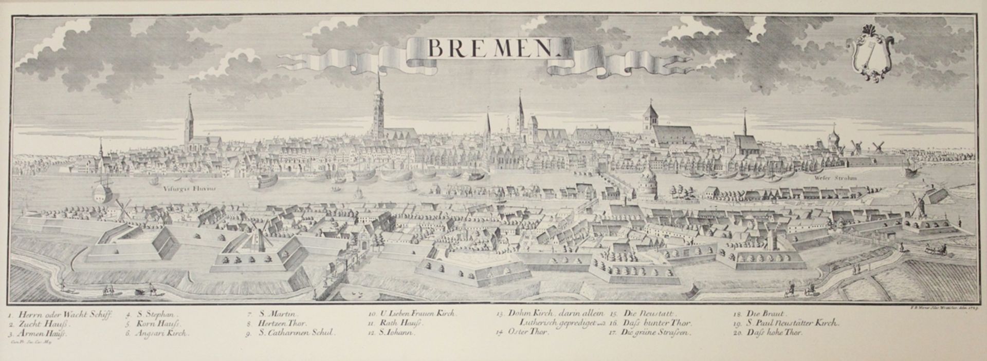 Grafik, Ansicht Bremen, ger./Glas, RG 26,5 x 63,8cm.