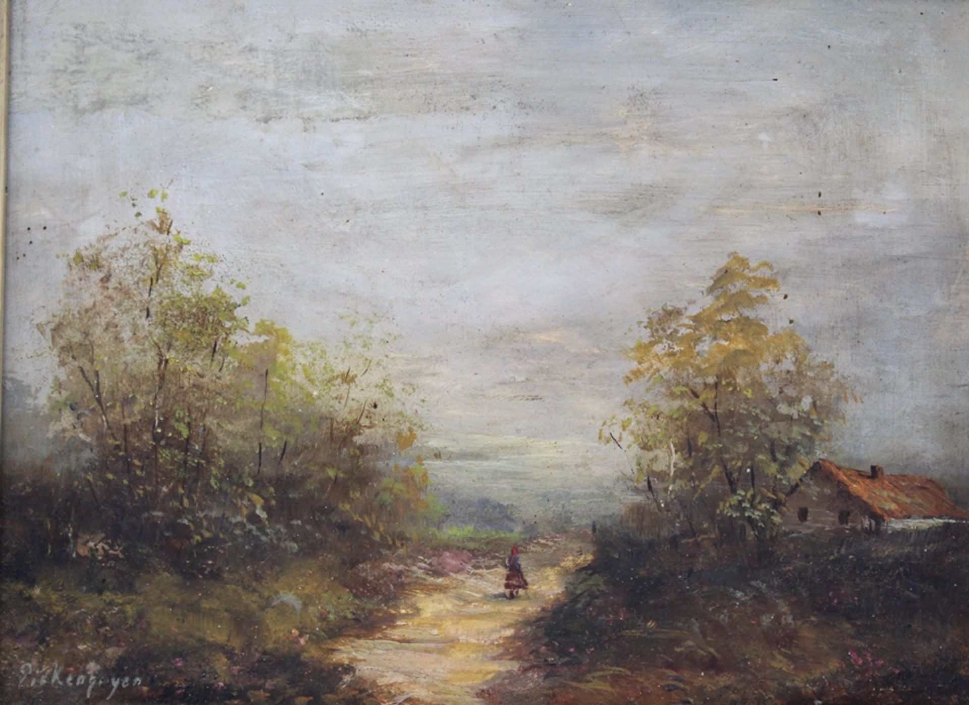 Herbert PICKENHAGEN (1920) , Landschaft mit Person, Öl/Holz, gerahmt, RG 20 x 26cm.