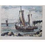 unleserl.signiert, Boote am Strand, Farbradierung, ger./Glas, RG 24 x 29cm.