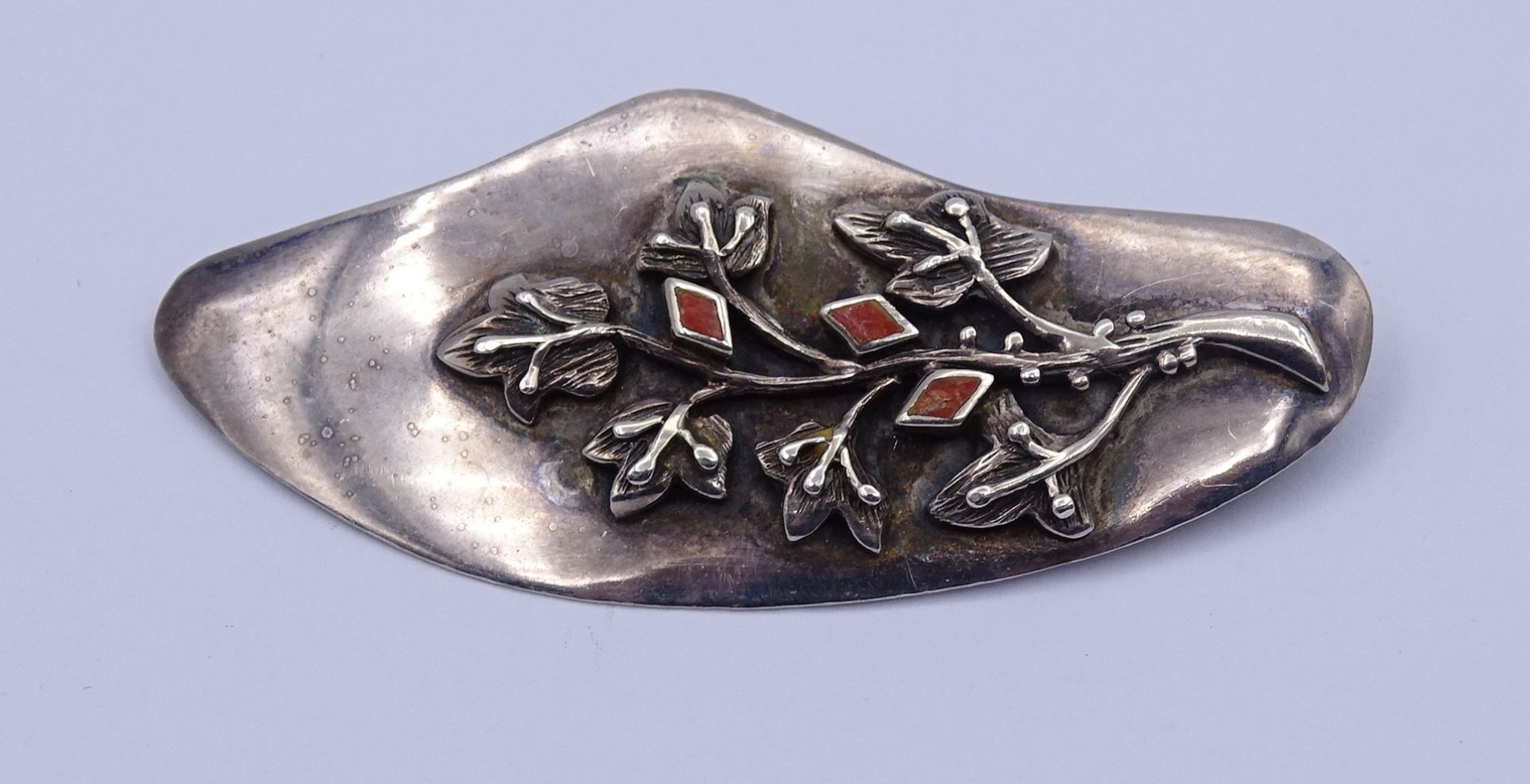 Silber Brosche mit roten Einlagen, Silber 925/000, 6,0cm, 9,0g.