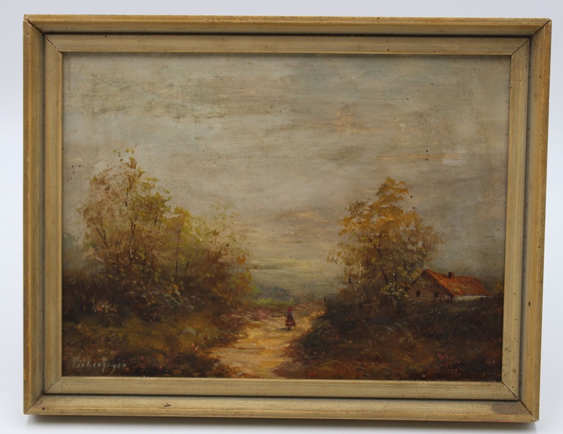 Herbert PICKENHAGEN (1920) , Landschaft mit Person, Öl/Holz, gerahmt, RG 20 x 26cm. - Bild 3 aus 4