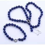 Lapislazuli Set, Kette, Armband und Ohrringe,silberfarbene Monturen, L. 47,5cm