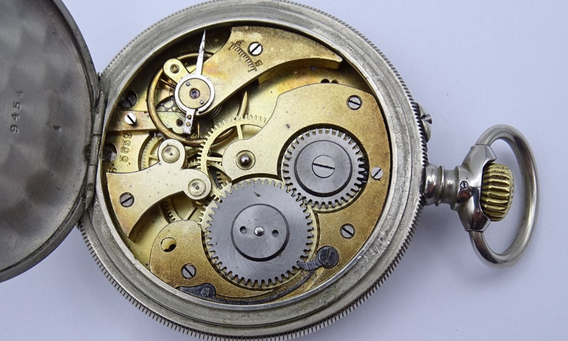 Taschenuhr "Union Hologére", mechanisch, Werk defekt, D. 53mm, Zifferblatt beschädigt - Image 6 of 6