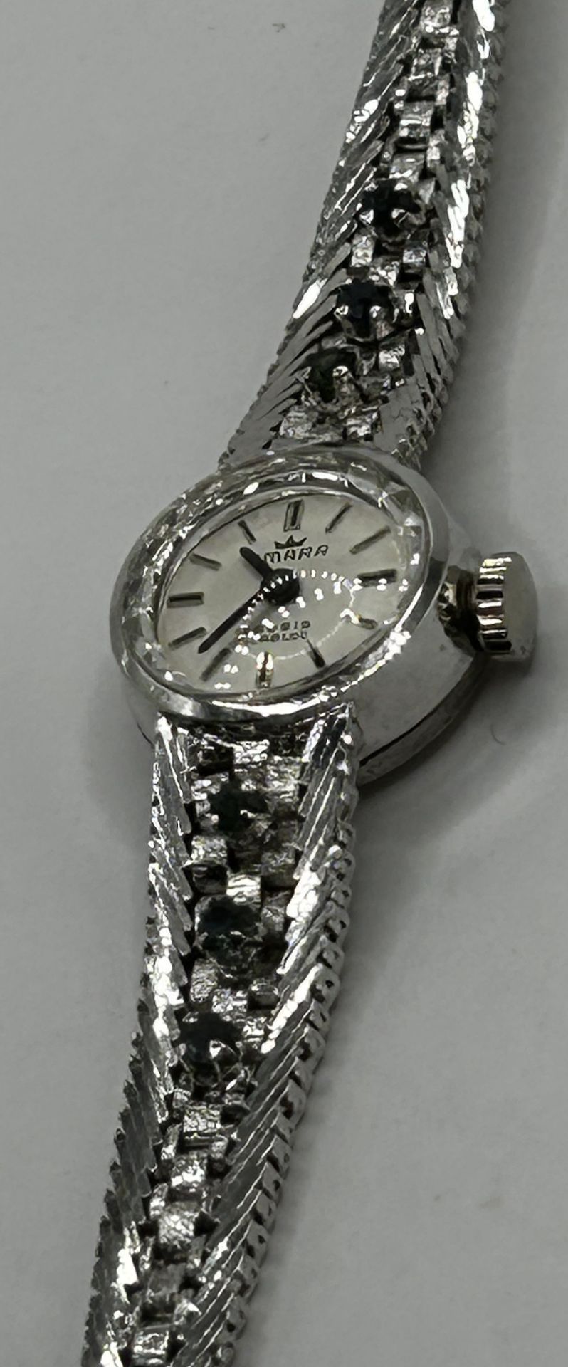 mechan DAU "Amara" Silber-835-, Armband ebenso, mit 6 Saphiren, Werk läuft, zus. 22 gr, L-Band 17 c - Image 2 of 5