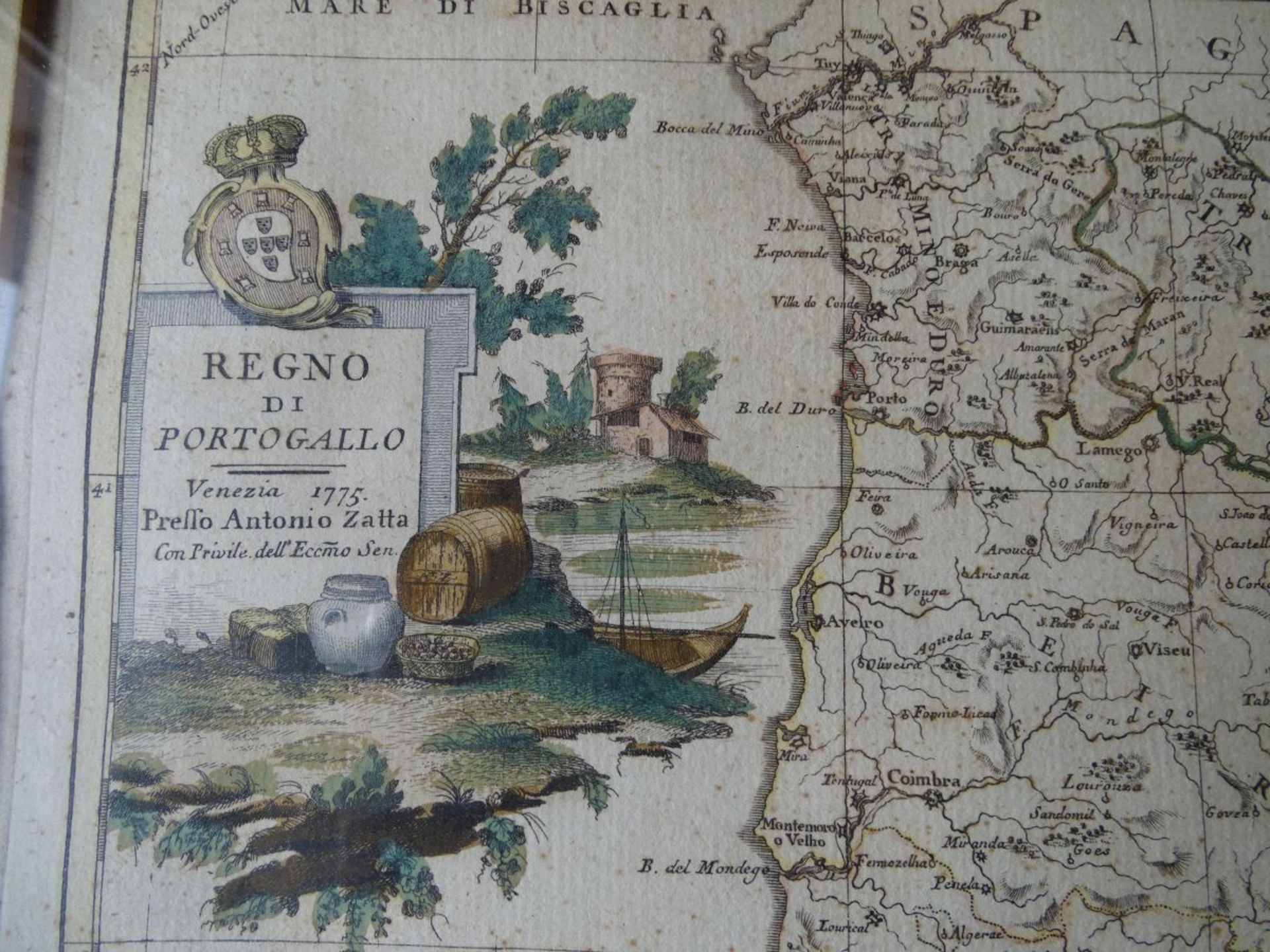colorierte Landkarter"Portugal", um 1700, ger/Glas, RG 59x45 cm - Image 4 of 4