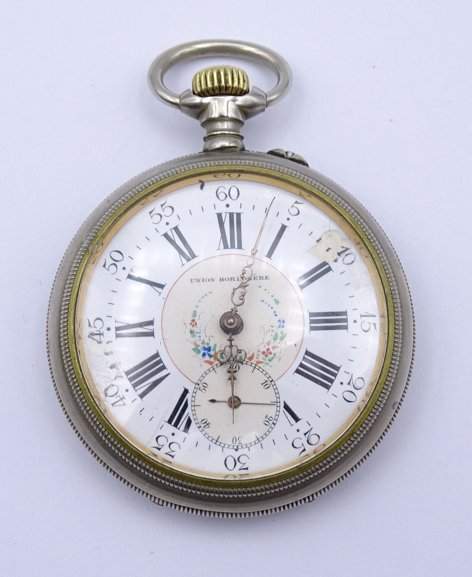 Taschenuhr "Union Hologére", mechanisch, Werk defekt, D. 53mm, Zifferblatt beschädigt