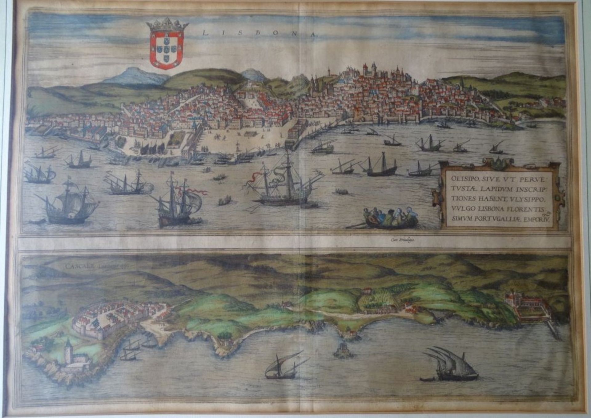 Stadtplan von Lissabon, handcoloriert, um 1700, ger/Glas, RG 53x65 cm