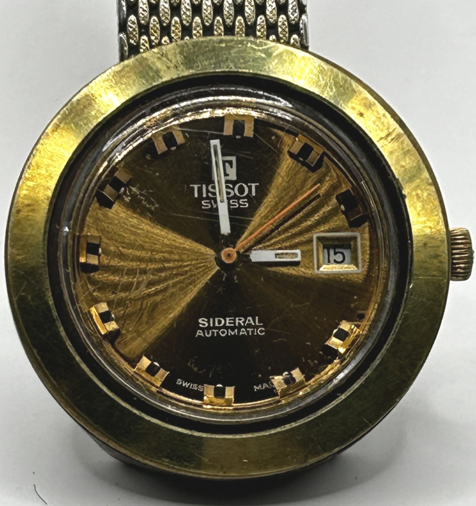 Tissot Sideral Automatic Vintage Uhr, Werk läuft, vergoldete Lünette, orig. Stahlband, Fiberglas-Ge