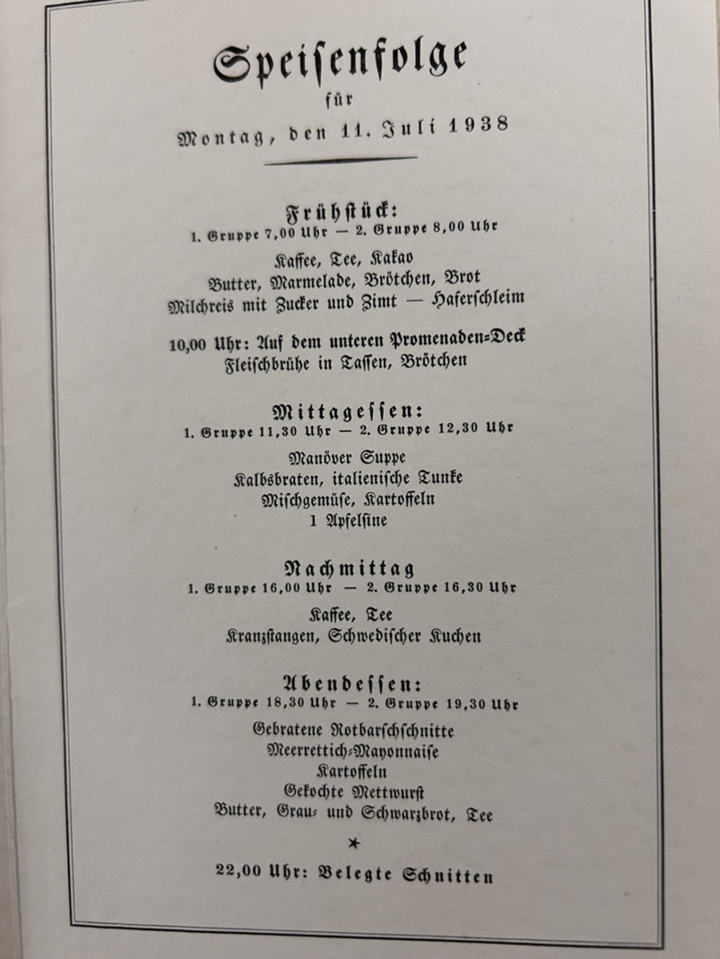 Tagesordnung und Speisekarte des KdF Dampfers Wilhelm Gustloff, 7.Reise, 11.Juli 1938 (am 30.Jan. 1 - Image 3 of 3