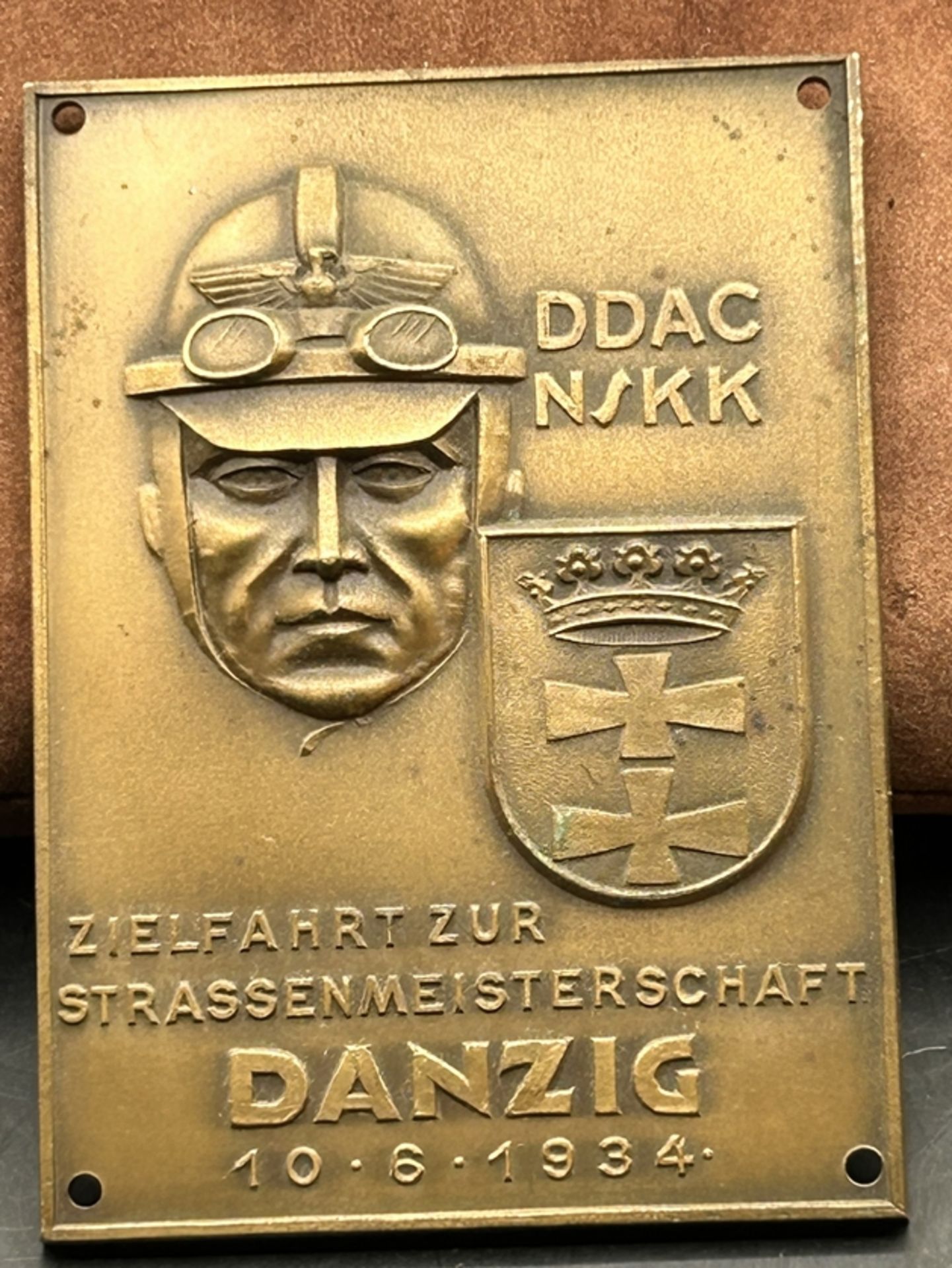 Bronzeplakette Danzig 1934-DDAC-NSKK-Zielfahrt zur Strassenmeisterschaft mit Wappen Danzig, 9x6 cm,