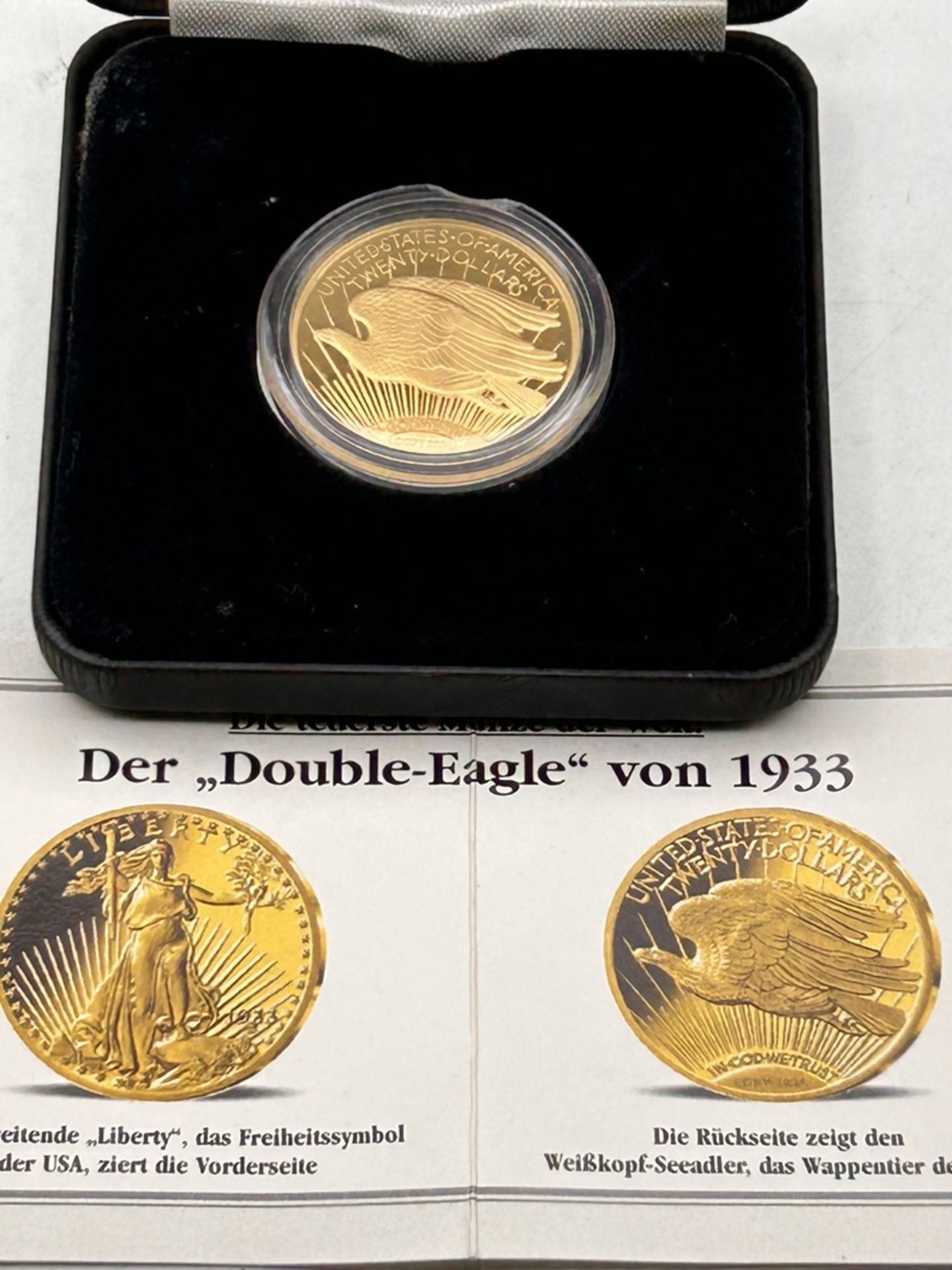 Goldmünze 20 Dollar 1933-Neuprägung, Gold-585-,9,76 gr., mit Zertifikat, D-29 mm