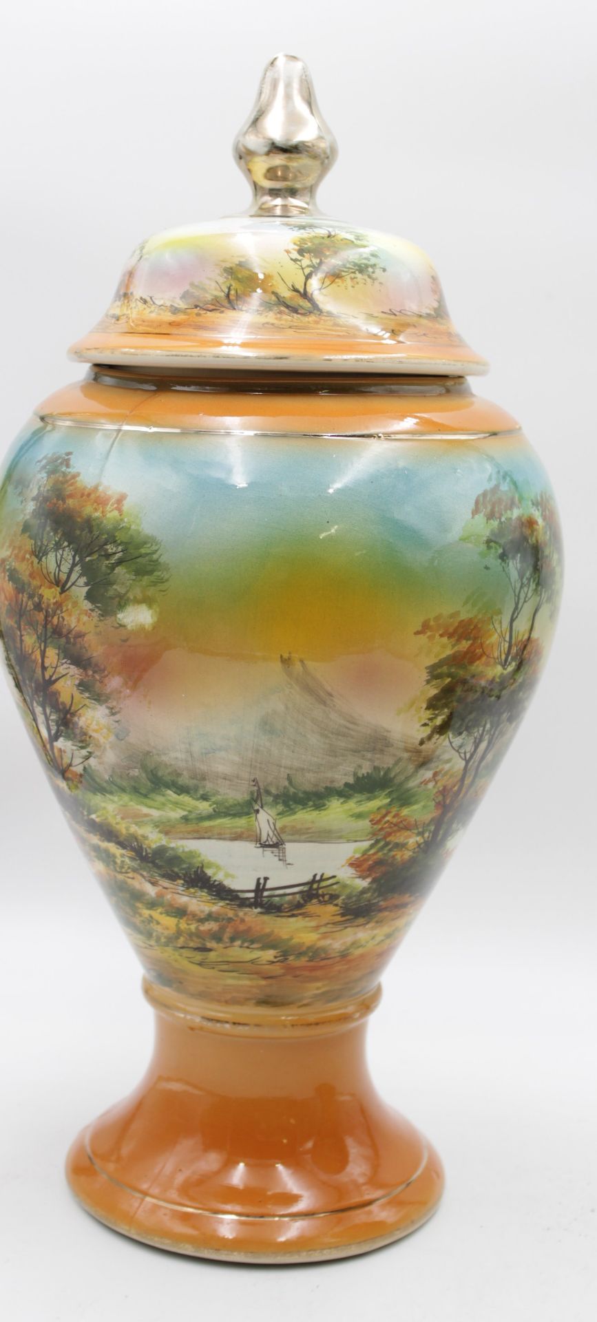 Majolika-Vasen-Paar, älter, Landschaftsbemalung in Unterglasur, 1x Deckel fehlt, ca. H-50cm u. 36cm - Image 4 of 7