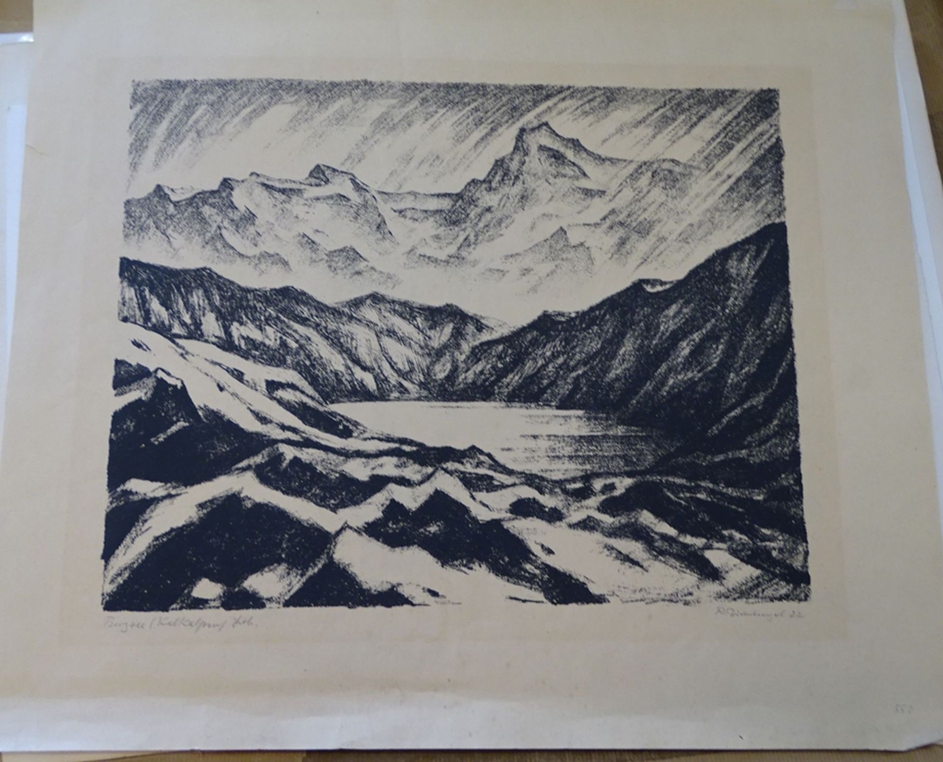 Richard BIRNSTENGEL (1881-1968) "Bergsee mit Kalkalpen" Lithografie, BG 41x48 cm