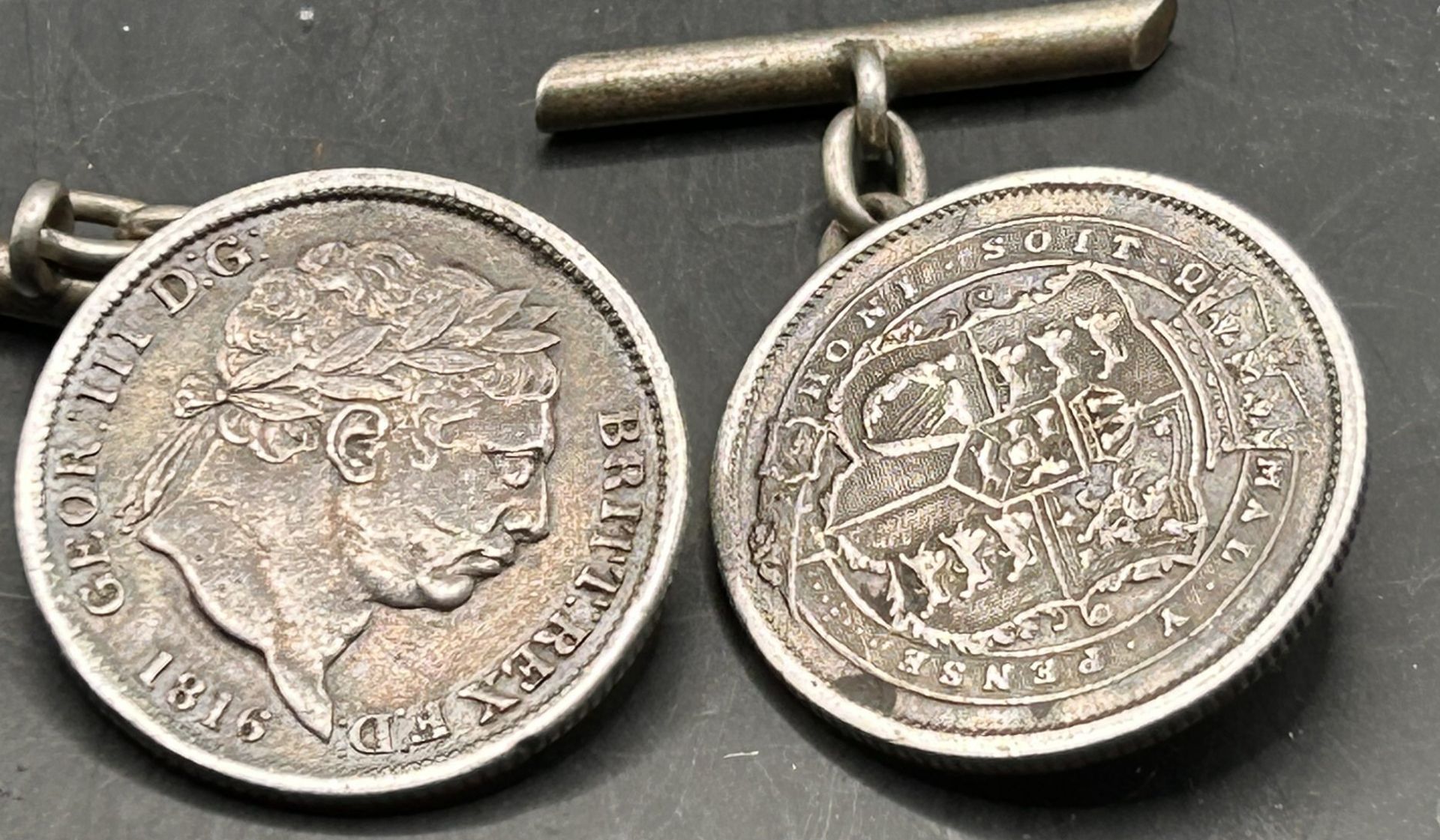 Paar Münz-Manchettenknöpfe aus Silber, Georg III von England 1816/19, Silber Shilling