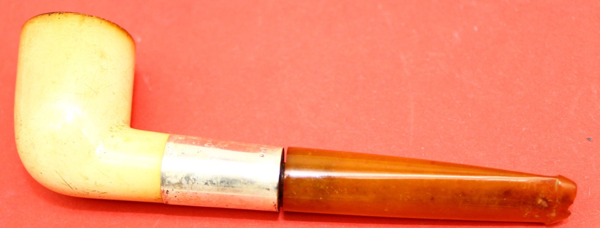Meerschaumpfeife, Bernstein-Mundstück mit Silber-800- Hals in orig. Etui, L-12 cm - Bild 2 aus 2