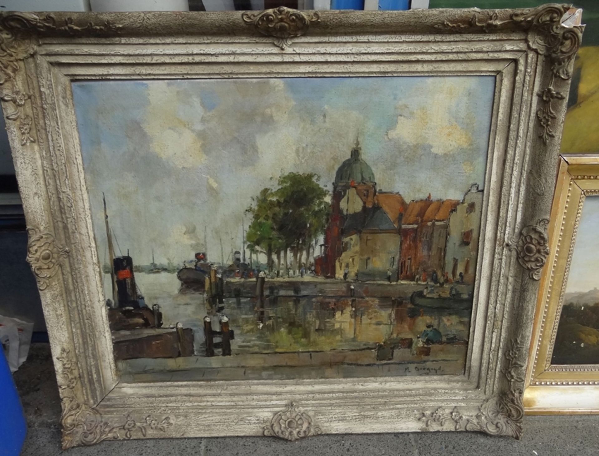 M. Bregoyd oder ähnlich? "Holländischer Hafen" Öl/Leinen, alt gerahmt, RG 66x76 cm