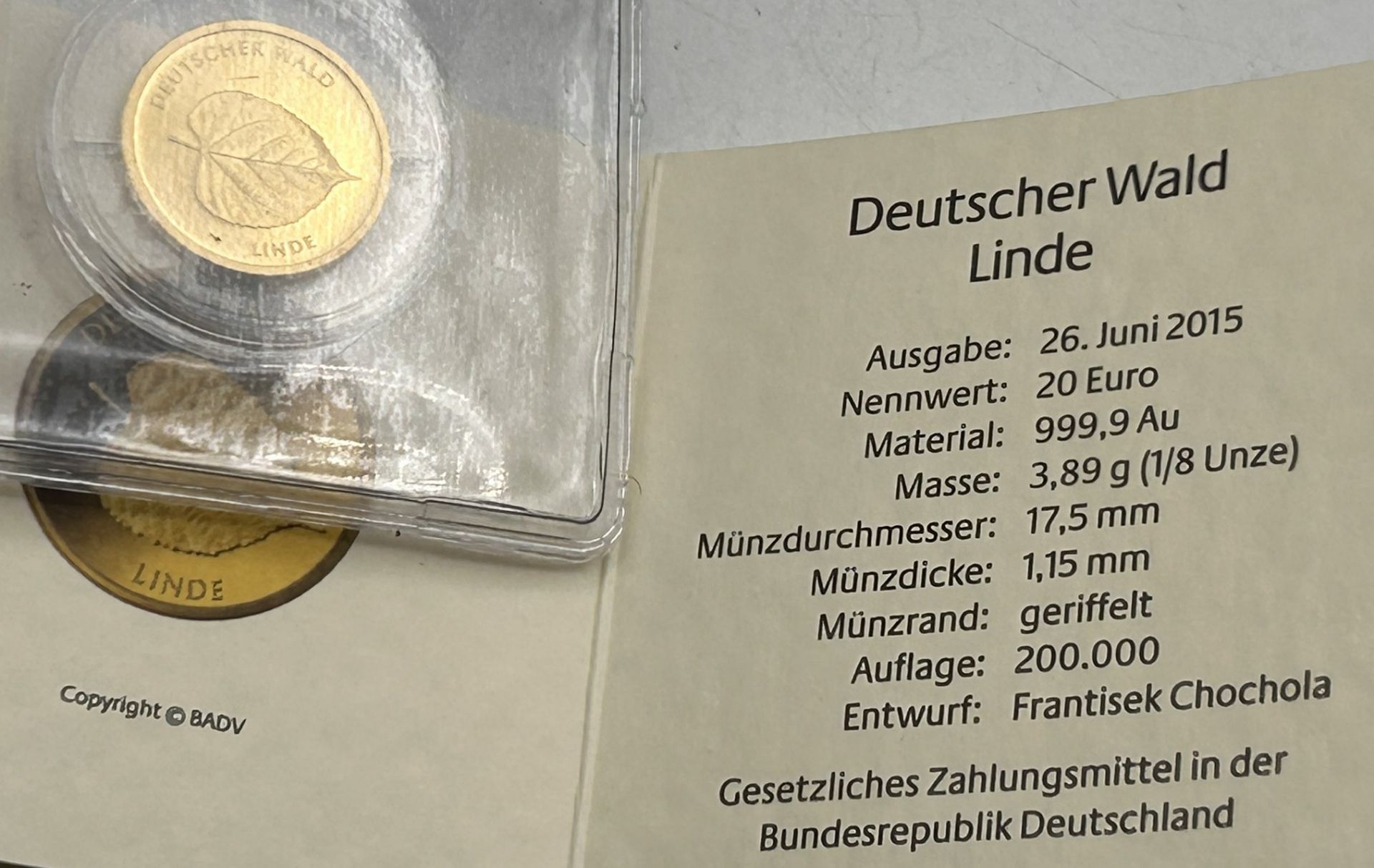 Goldmünze-999-, 20 € "Linde" aus der Serie "Deutscher Wald" mit Zertifikat, 3,89 gr. 1/8 Unze